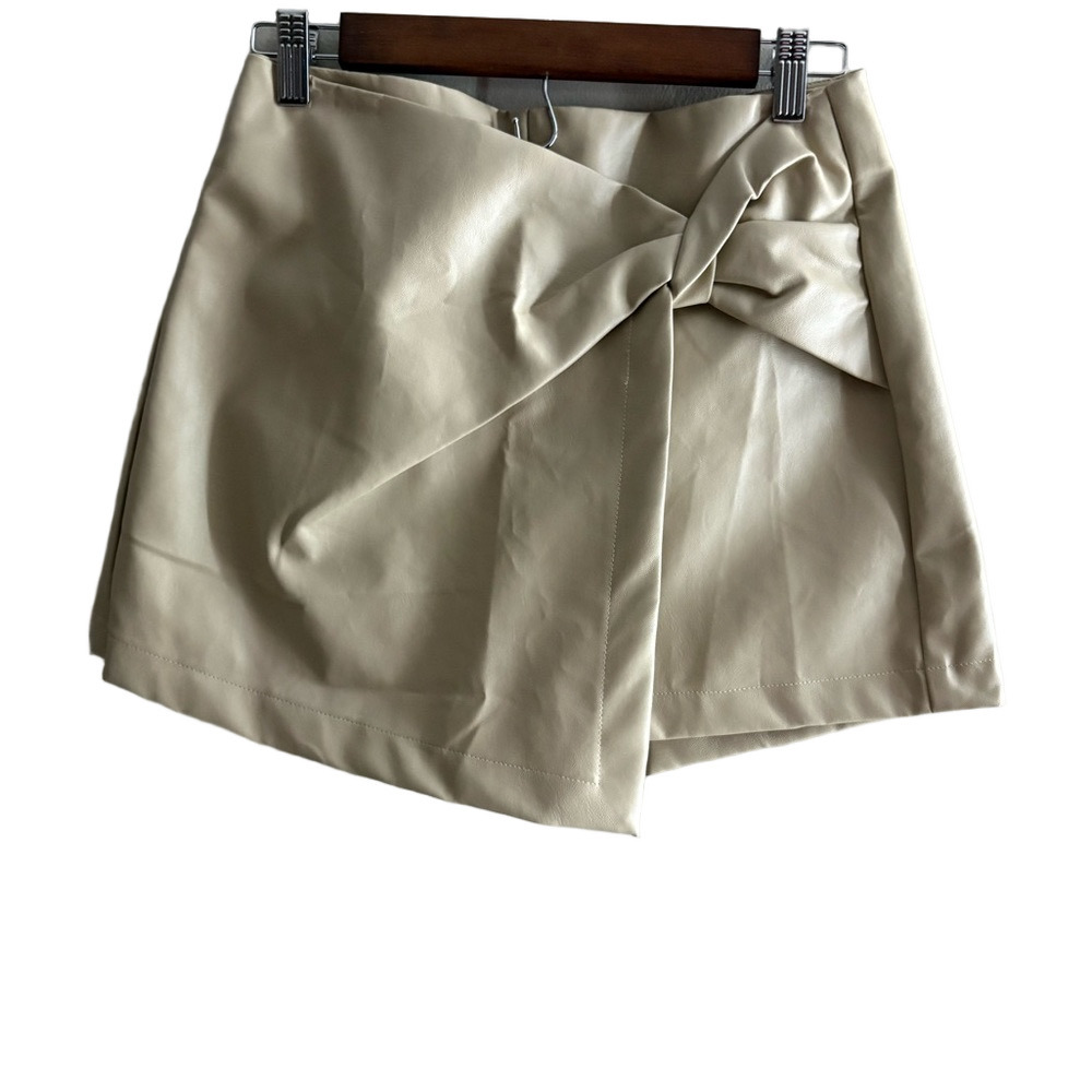 Pink Lily - Khaki Faux Leather Bow Wrap Mini Skort